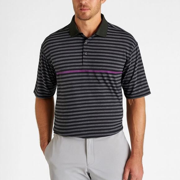 Titleist x FootJoy Black Striped Golf Polo Purple Logo Preppy Large Men's Polo - Picture 1 of 10